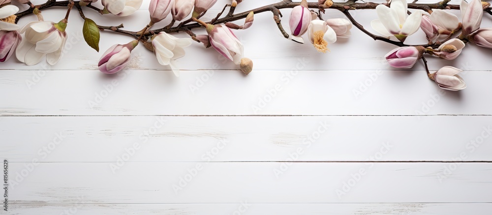 Poster magnolia tree branches with beautiful flowers on white wooden table flat lay space for text. copy sp
