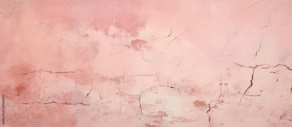 Aufkleber an aged light pink concrete wall with numerous small cracks provides a vintage background in need of