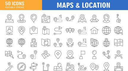 Location icon set. Editable stroke. Containing as pin, locate, map, place,navigation and more. Vector illustration