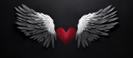 Obraz premium paper heart with pictured chalk wings on black background. copy space available