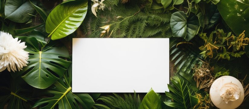 A beautifully arranged summer themed mockup featuring a blank greeting and invitation card surrounded by dried tropical leaves offering ample copy space for customization