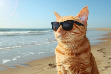 Stylish red cat in fashionable suit and trendy sunglasses enjoying a sandy beach