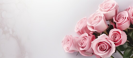 Bouquet of pink roses on light background greeting card place for txt. copy space available
