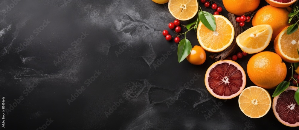 Poster fresh oranges grapefruits and madarine slices on dark stone background. copy space available