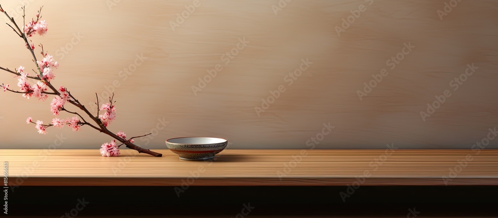 Poster chopsticks sakura branch and bamboo mat on wooden table with copy space