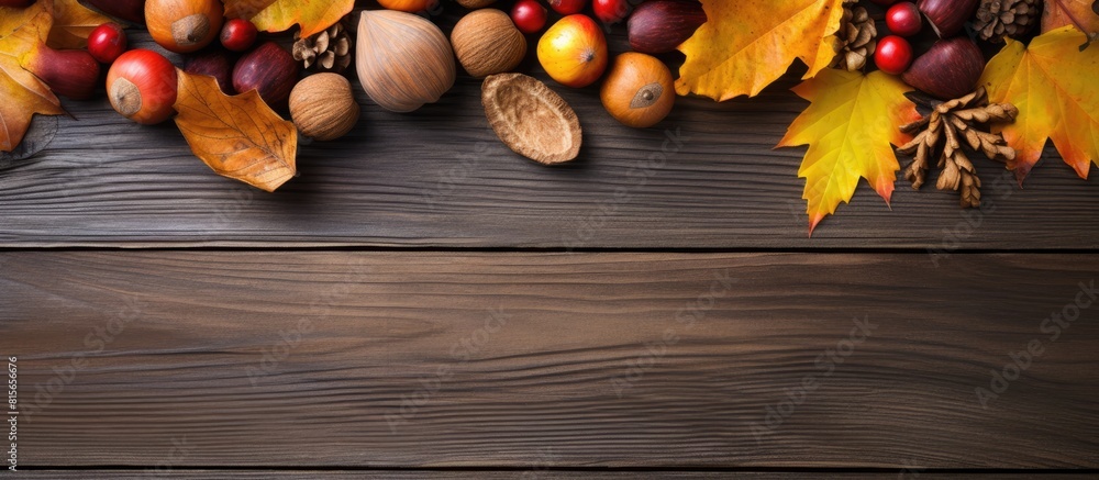 Poster autumn still life with yellow leaves nuts on a wooden background view from above. copy space availab