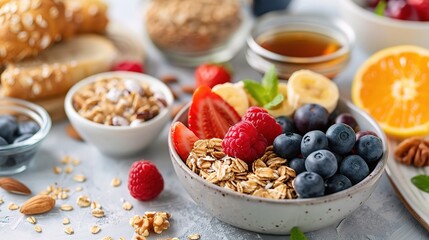 breakfast spread featuring an assortment of wholesome options, from hearty oats to protein-packed smoothies