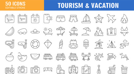 Tourism And Vacation Vector Line Icon Set.