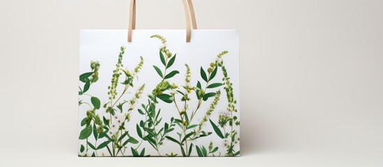 Paper shopping bag with flowers and green twigs on white tile background. copy space available