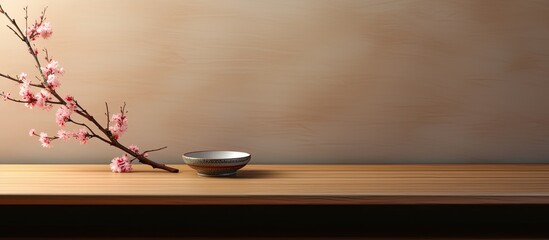 Chopsticks sakura branch and bamboo mat on wooden table with copy space - Powered by Adobe