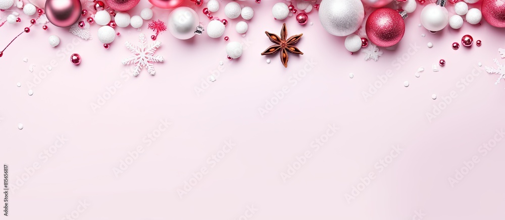 Poster happy new year and christmas day top view flat lay composition decoration snow white on pink backgro