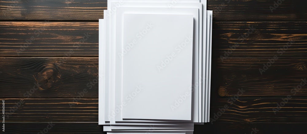 Fototapete a mock up of blank paper sheets for a brochure is stacked on a black wooden background creating a co