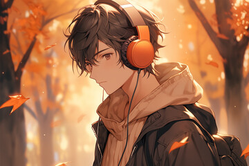 anime guy listens to music in large headphones in bright autumn park