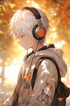 vertical profile portrait pensive anime guy with white hair listens to music in large headphones in yellow autumn park