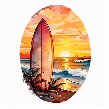 surfboard on beach sunset watercolor clip art preview