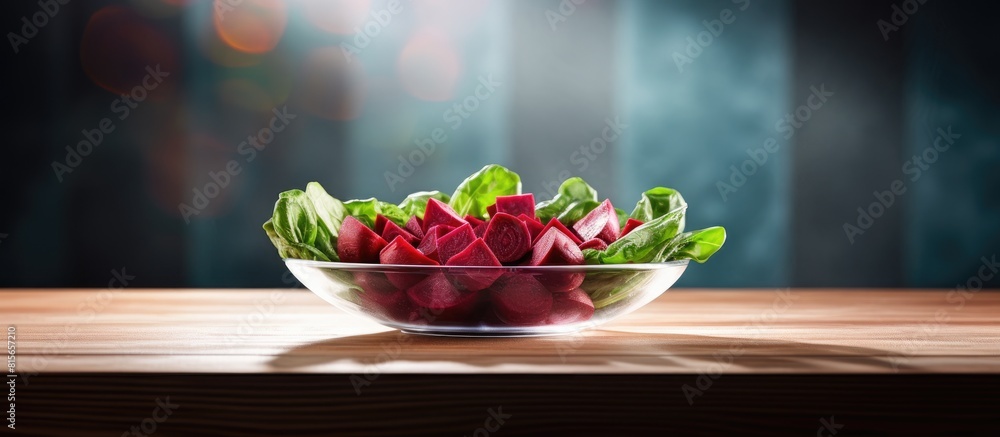 Poster sliced fresh beet in bowl on table. copy space available