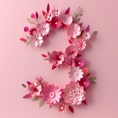 Number "3" Formed with Paper Flowers on a Pink
