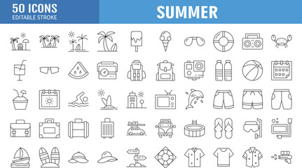 Summer Line Icons. Editable Stroke. Pixel Perfect. For Mobile and Web. Contains such icons as Summer, Beach, Party, Sunbed, Sun, Swimming, Travel, Watermelon, Cocktail, Beach Ball, Cruise, Palm Tree.