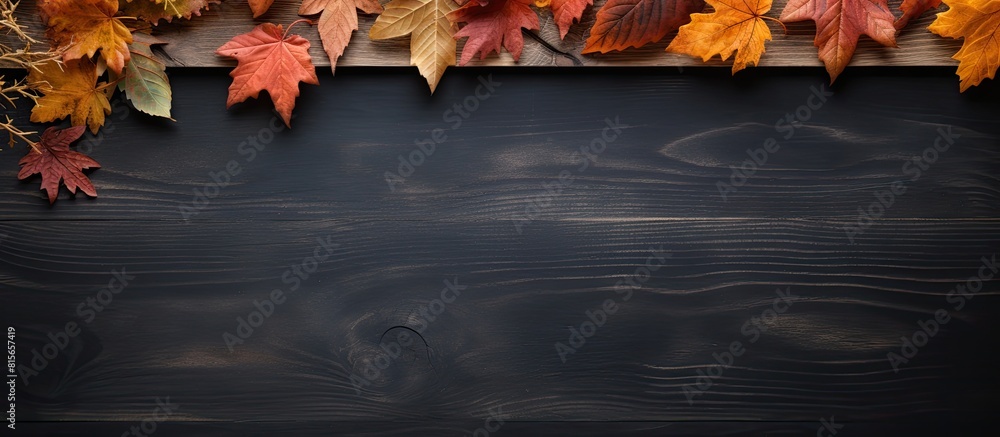 Poster an autumnal background image with copy space showcasing half dried leaves on an empty blackboard