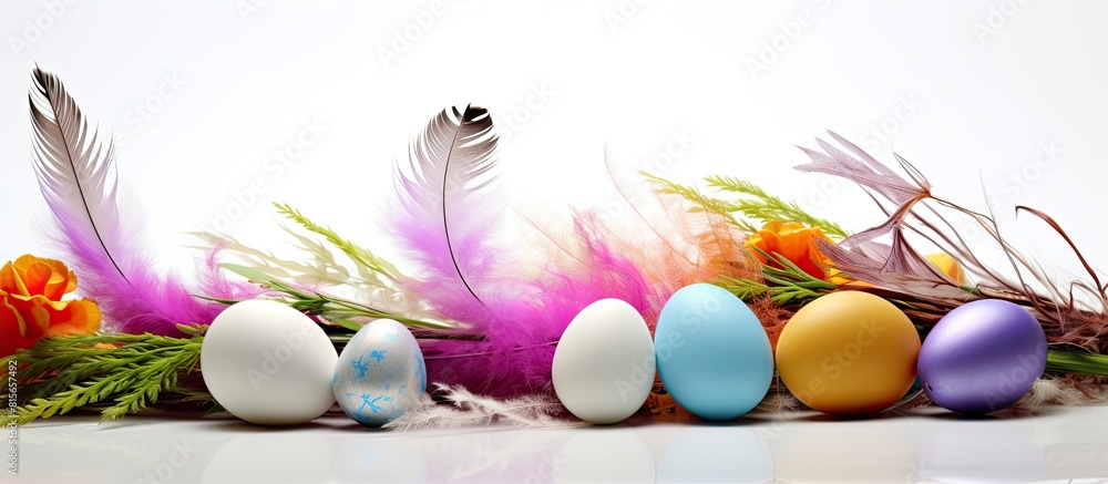 Poster easter composition with traditional decor small decorative colorful eggs and soft feathers on white 