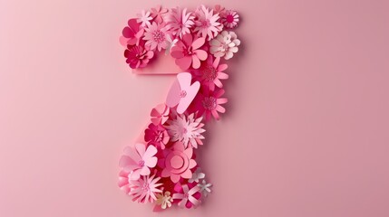 Number "7" Comprised of Paper Flowers Against a Pink Background