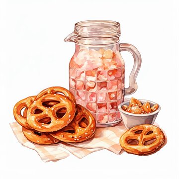 recommend clip art: Clipart of Artisanal pretzels with pink Himalayan salt, beside a watercolor carafe of Bavarian beer, in the style of hyper-realistic illustration, on white background