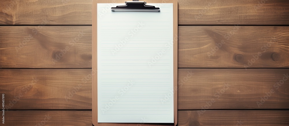 Poster top view and close up of clipboard on wooden table. copy space available