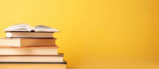 A copy space image shows an open book placed on top of a stack of books The vibrant pastel yellow background adds a warm and inviting atmosphere evoking feelings of learning education and the start o