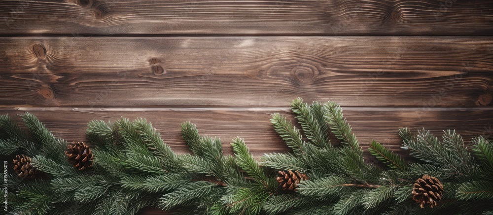 Poster Top view of Christmas fir branches decorated on an old wooden background creating a visually appealing copy space image
