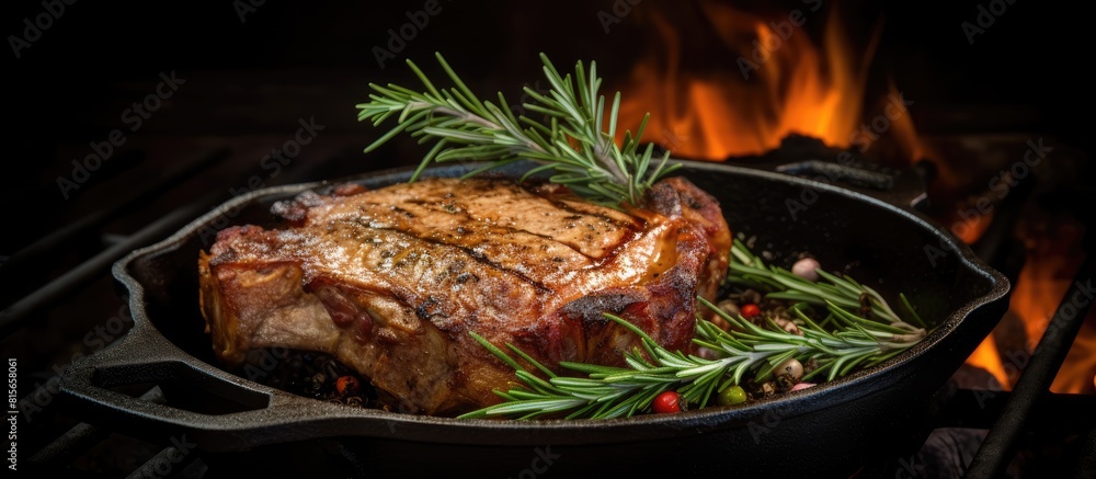 Poster a pork roast on the bone is sizzling on a cast iron grill pan seasoned with rosemary and spices agai