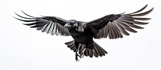 Obraz premium Close up view of a crow in flight isolated on white background. copy space available