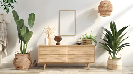 Stylish scandinavian living room interior with modern wooden commode stylish lamps plants rattan basket sculpture and elegant personal accessories Mock up paintings on the white wall T : Generative AI