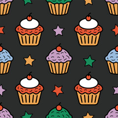 Colorful cartoon cupcakes and stars. Vector seamless cupcakes pattern in groovy style retro colors.	