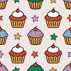 Colorful cartoon cupcakes and stars. Vector seamless cupcakes pattern in groovy style retro colors.