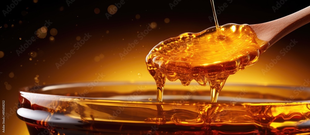 Poster pouring honey from dipper against golden background closeup space for text. copy space available