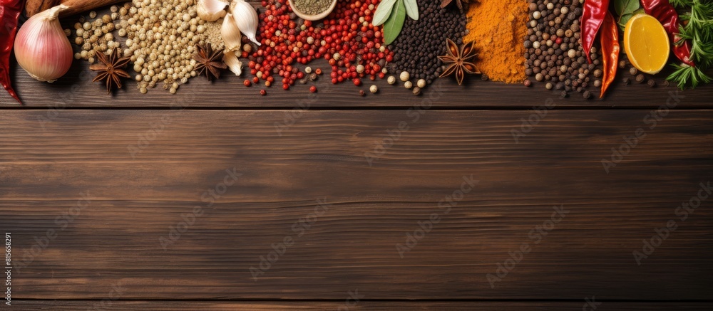 Poster Different spices in spoons on a wooden background copy space for your content Top view