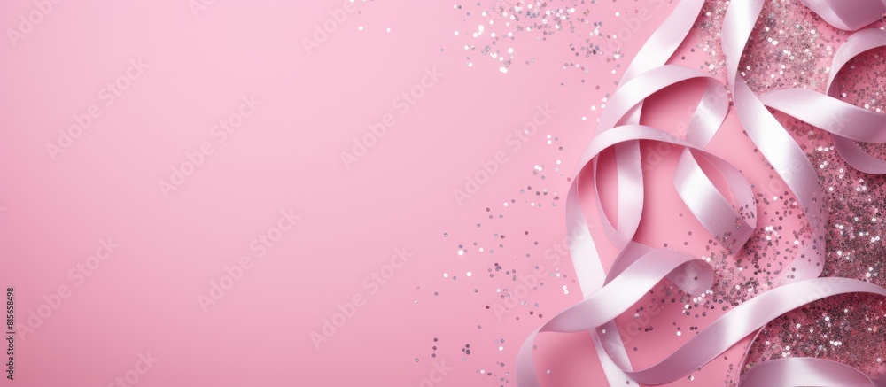 Poster festive party border or frame of silver spiral streamers and confetti on pink background top view fl