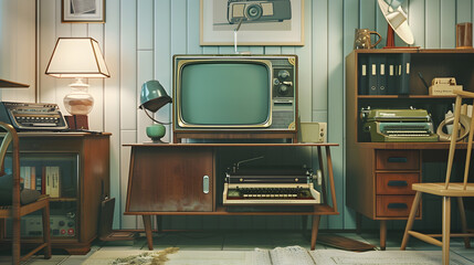 Retro living room design with old television cabinet and radio along with work area with typewriter : Generative AI