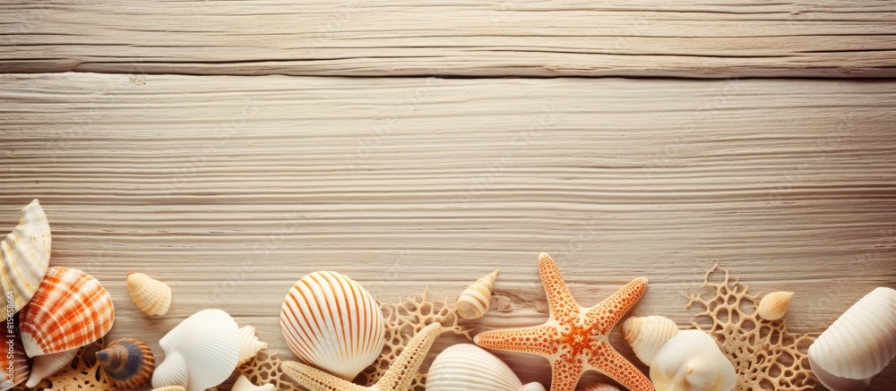 Poster beautiful sea composition with shells on wooden background summer frame with seashells close up deco