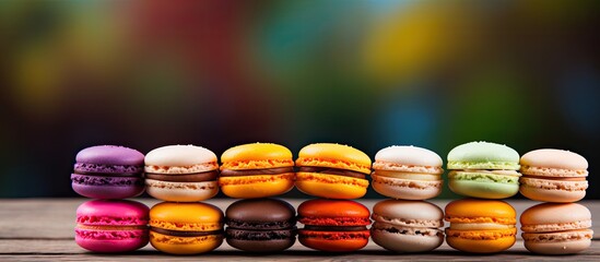 vivid color macaroons on wooden table. copy space available