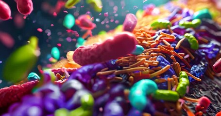 Vibrant conceptual image of gut flora with beneficial bacteria in the human intestine