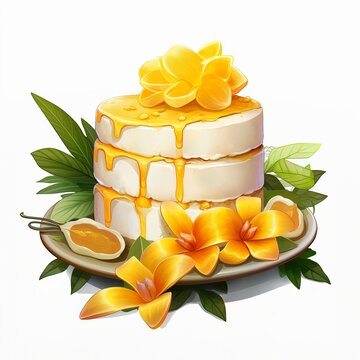 recommend clip art: Hyper-realistic watercolor illustration of a tropical passion fruit cake, elegantly decorated with vibrant frangipani flowers, capturing the essence of Thai dessert artistry.