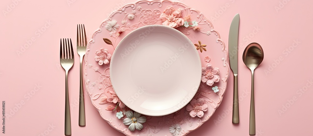 Poster party table setting top view flat lay over pink background menu for restaurant invitation for dinner