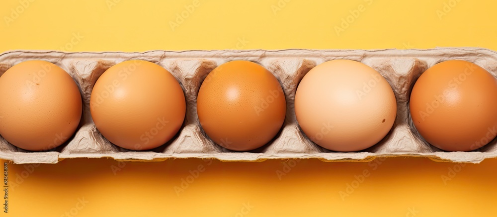 Poster overhead view of brown chicken eggs in an open egg carton isolated on yellow fresh chicken eggs back