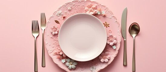 Party table setting Top view flat lay over pink background Menu for restaurant invitation for dinner or wedding elegant place setting. copy space available