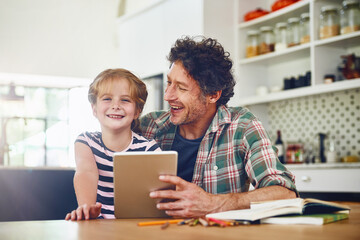 Homework, father and girl with tablet, tech and smile with connection, elearning and social media....