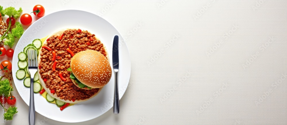 Poster top view with appetizing of the hotdog placed in white dish beautifully fork and knife on floor copy