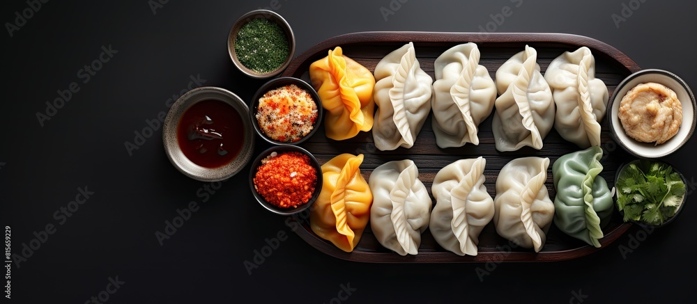 Poster a variety of dumplings representing the traditional asian cuisine displayed on a gray background wit