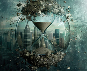 Catastrophic digital art depicting a cityscape within a shattered hourglass, theme of inevitable urban decay