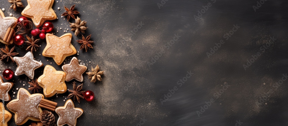 Aufkleber christmas cookies and christmas accessories top view new year or christmas background with place for